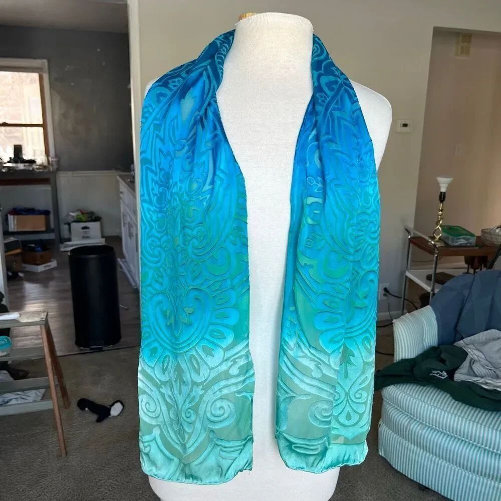 VTG Silk Burnout Paisley Scarf Blue Green Ombre Hand Rolled Devore 12x58